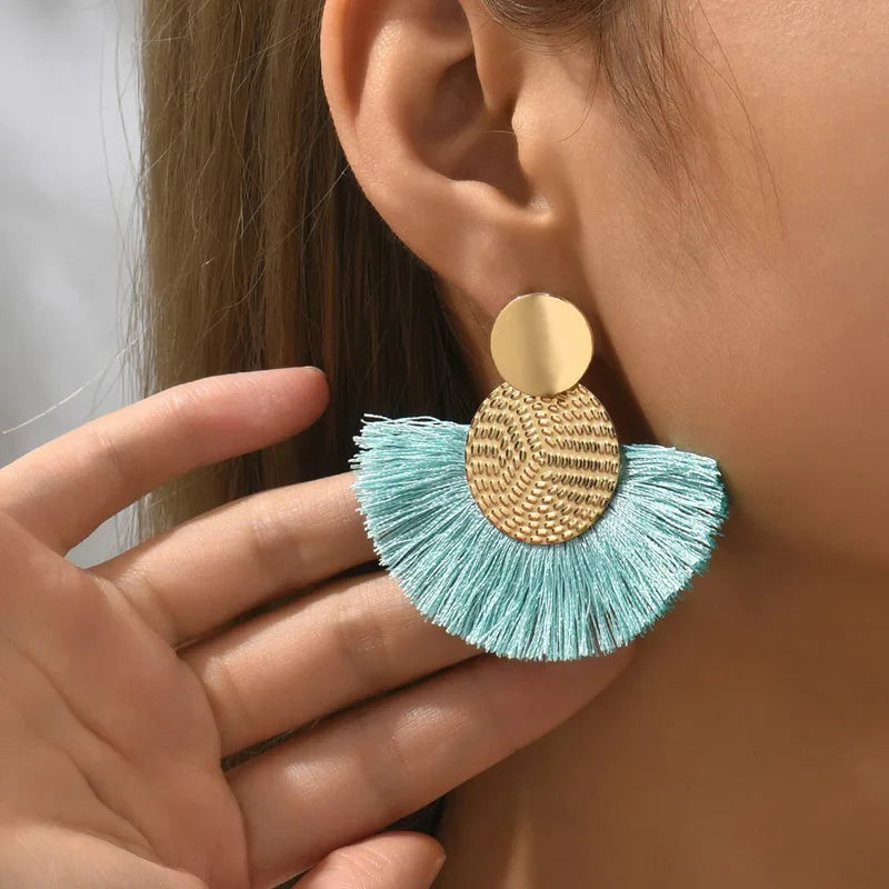 Bohemian Style Fan Drop Earrings in Light Blue