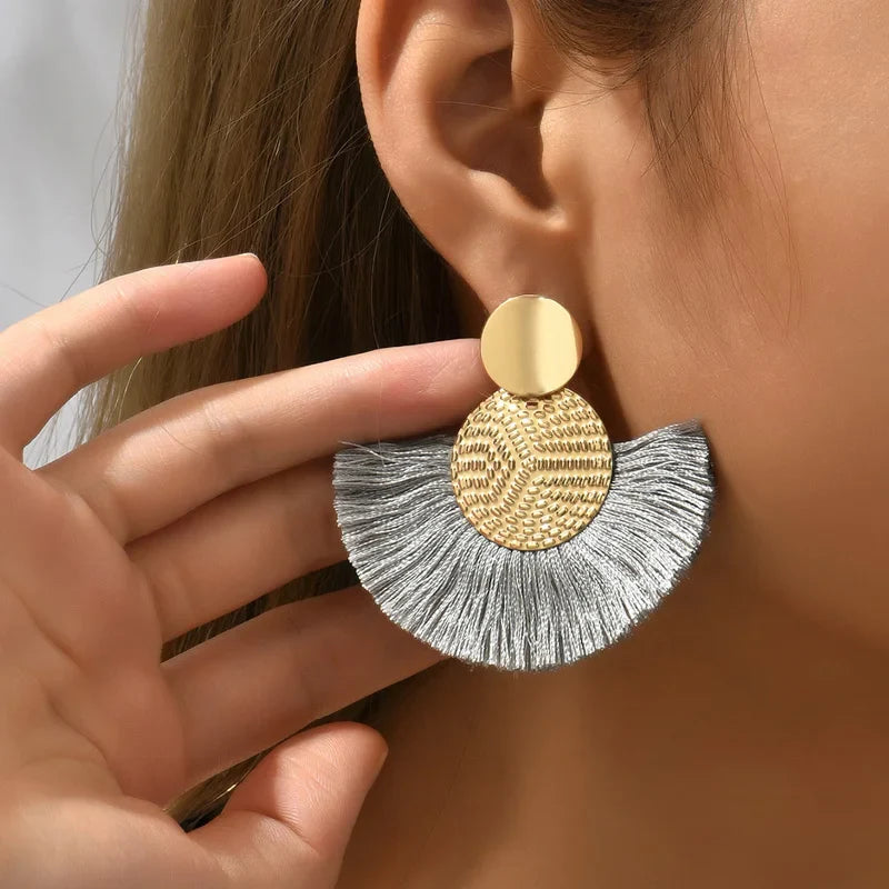 Bohemian Style Fan Drop Earrings in Grey