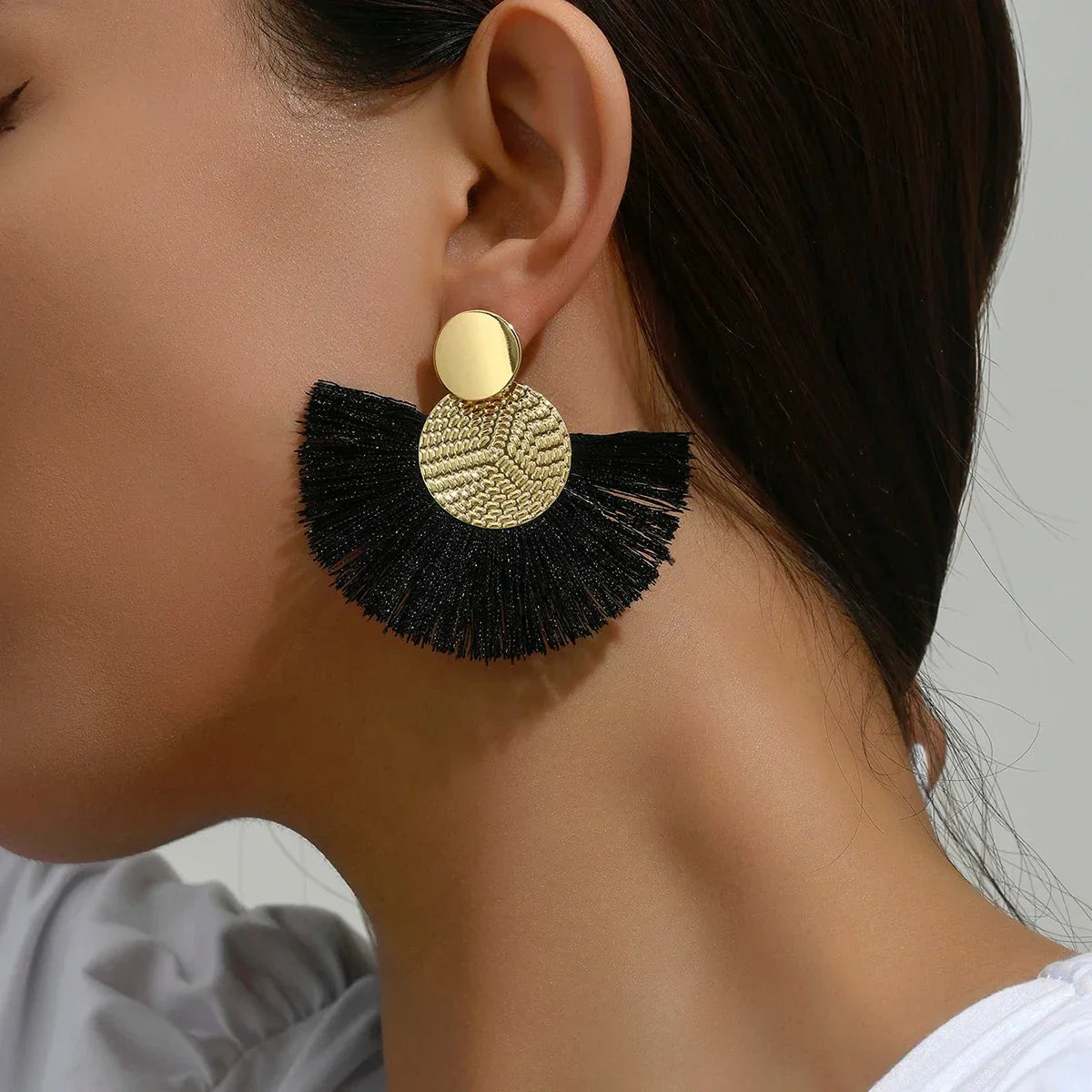 Bohemian Style Fan Drop Earrings in Black