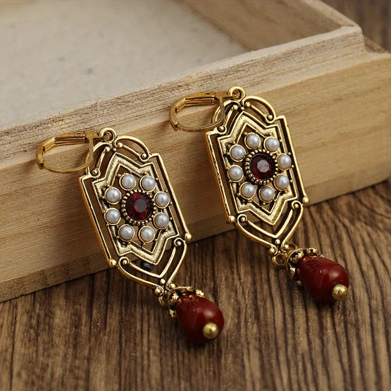 Asymmetrical Ethnic Drop Earrings red