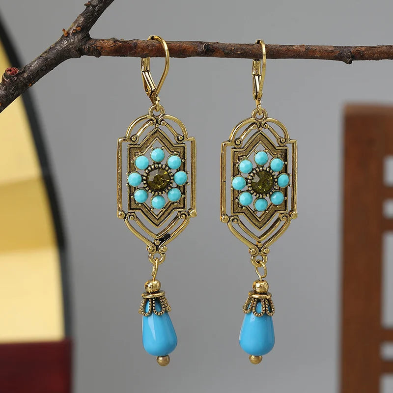 Asymmetrical Ethnic Drop Earrings blue
