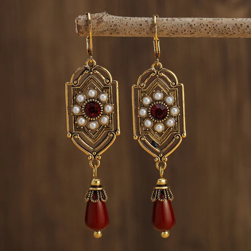 Asymmetrical Ethnic Drop Earrings red