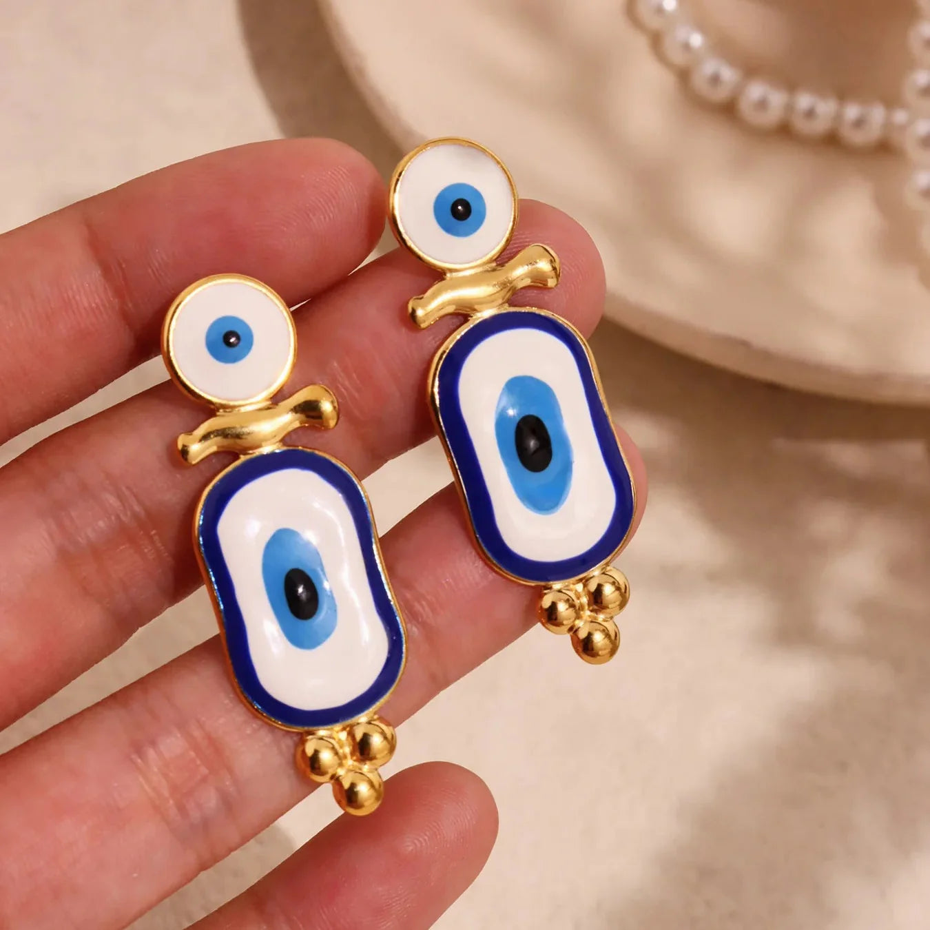 Ethnic Blue Eye Dangle Earrings gold