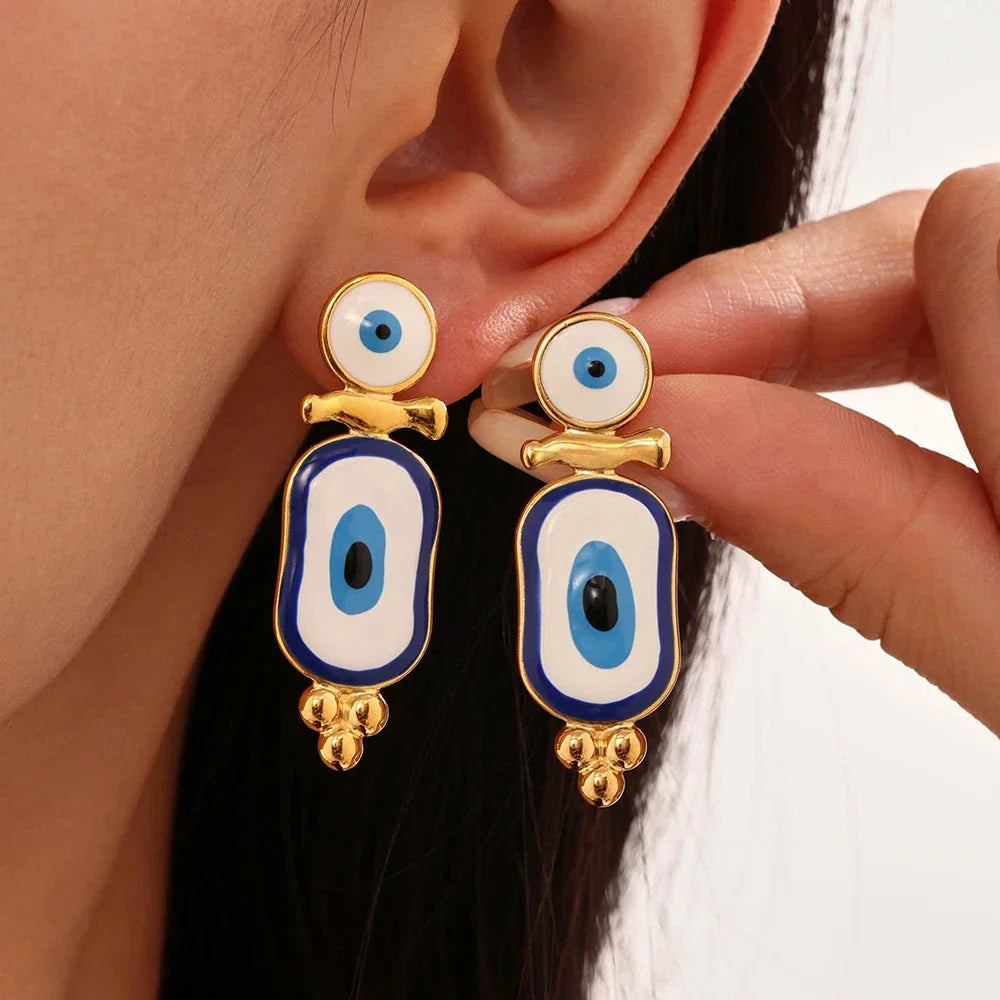 Ethnic Blue Eye Dangle Earrings gold