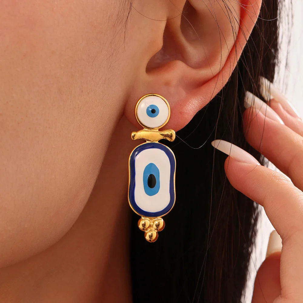Ethnic Blue Eye Dangle Earrings gold