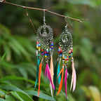 Ethnic Dangling Earrings with Colorful Feathers for Women in silver