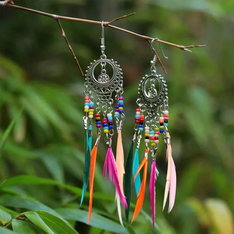 Ethnic Dangling Earrings with Colorful Feathers for Women in silver