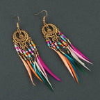 Ethnic Dangling Earrings with Colorful Feathers for Women in gold