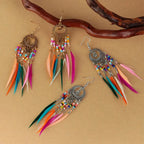 Ethnic Dangling Earrings with Colorful Feathers for Women in silver