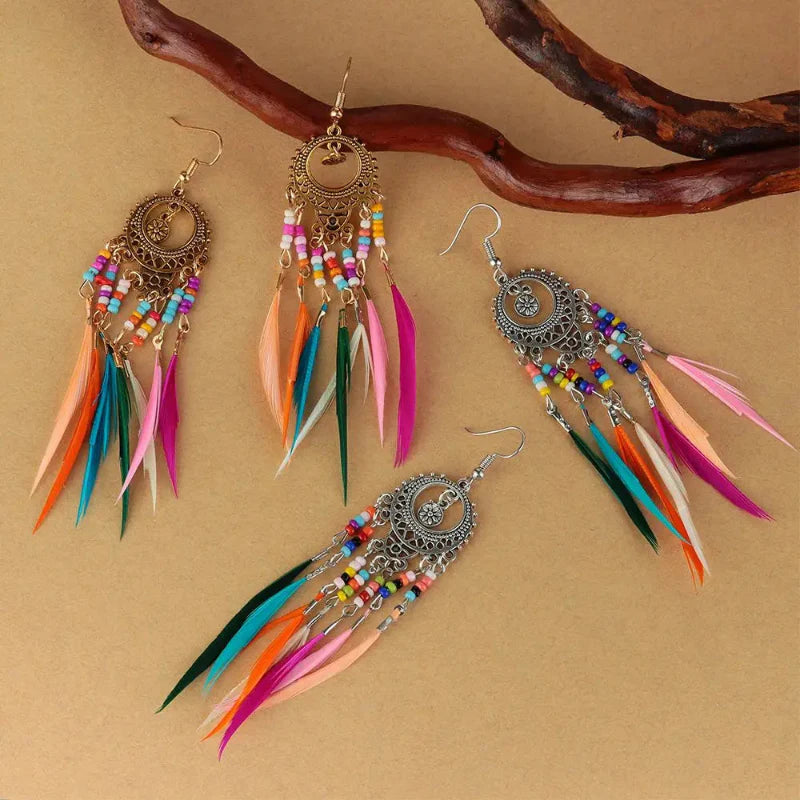 Ethnic Dangling Earrings with Colorful Feathers for Women in silver