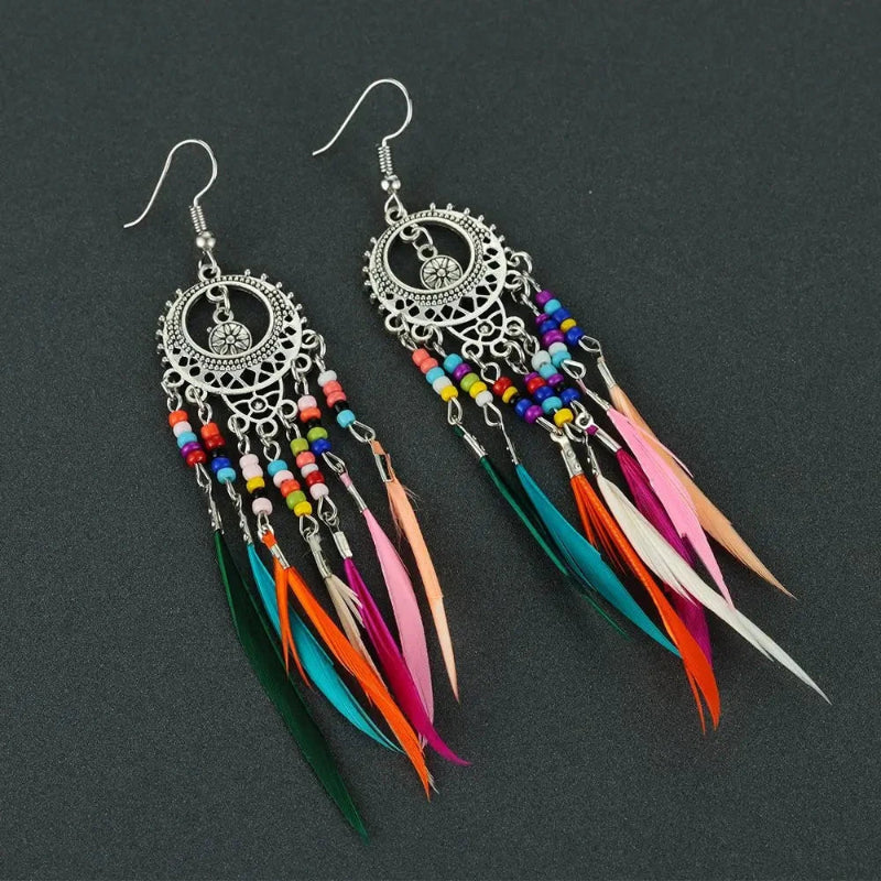 Ethnic Dangling Earrings with Colorful Feathers for Women in silver
