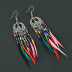 Ethnic Dangling Earrings with Colorful Feathers for Women in silver