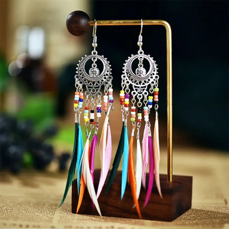 Ethnic Dangling Earrings with Colorful Feathers for Women in silver