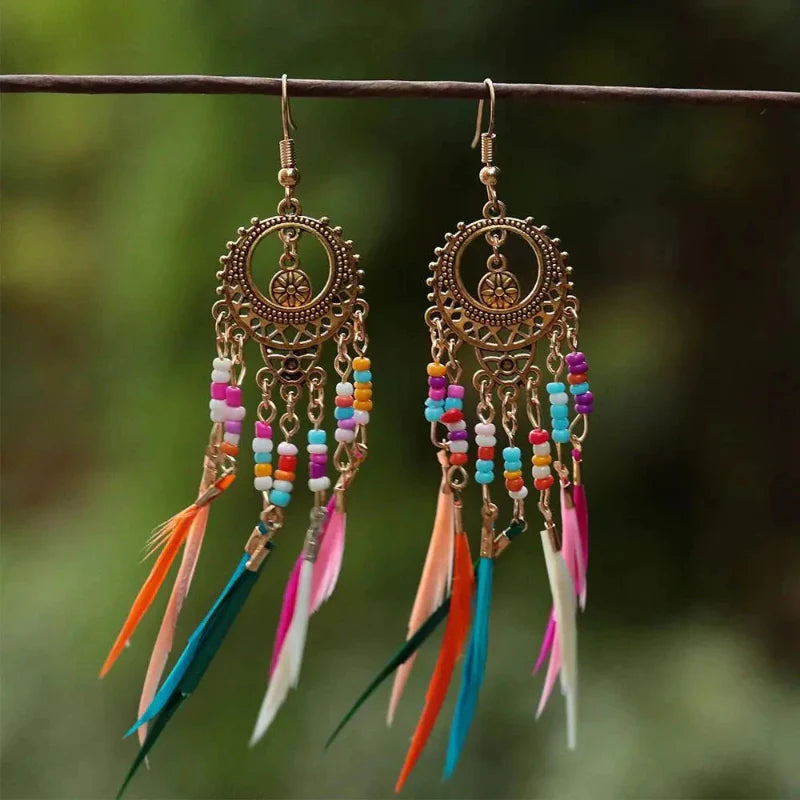 Ethnic Dangling Earrings with Colorful Feathers for Women in gold