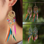 Ethnic Dangling Earrings with Colorful Feathers for Women in gold