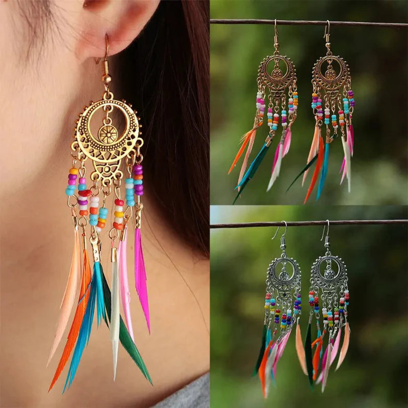 Ethnic Dangling Earrings with Colorful Feathers for Women in gold