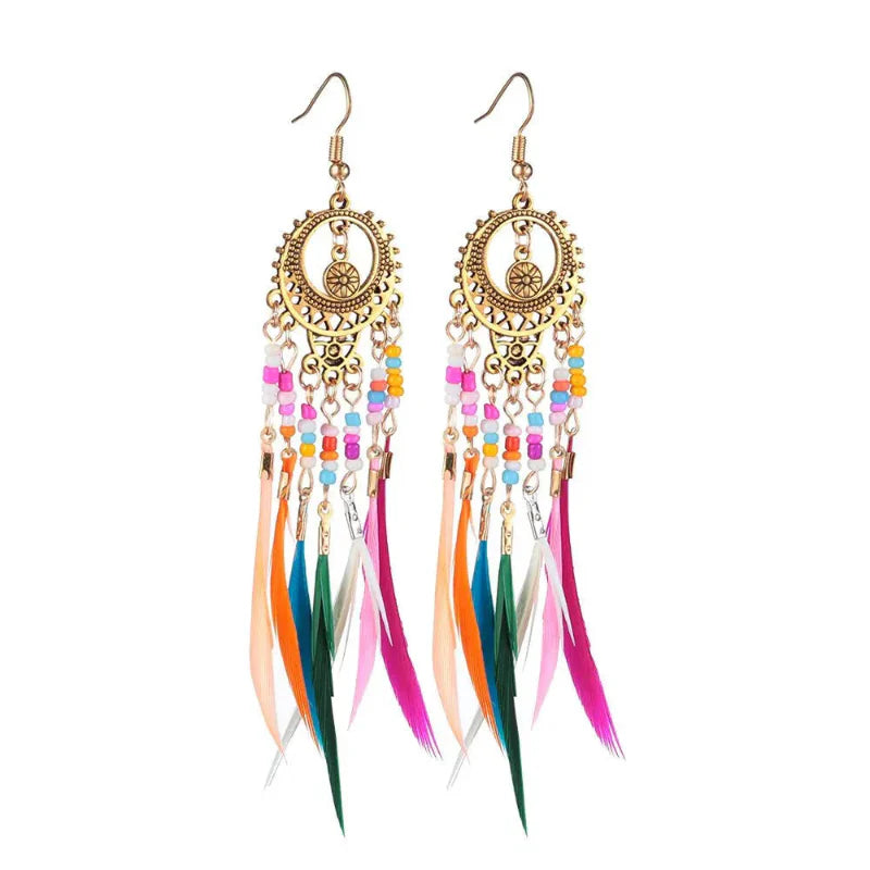 Ethnic Dangling Earrings with Colorful Feathers for Women in gold
