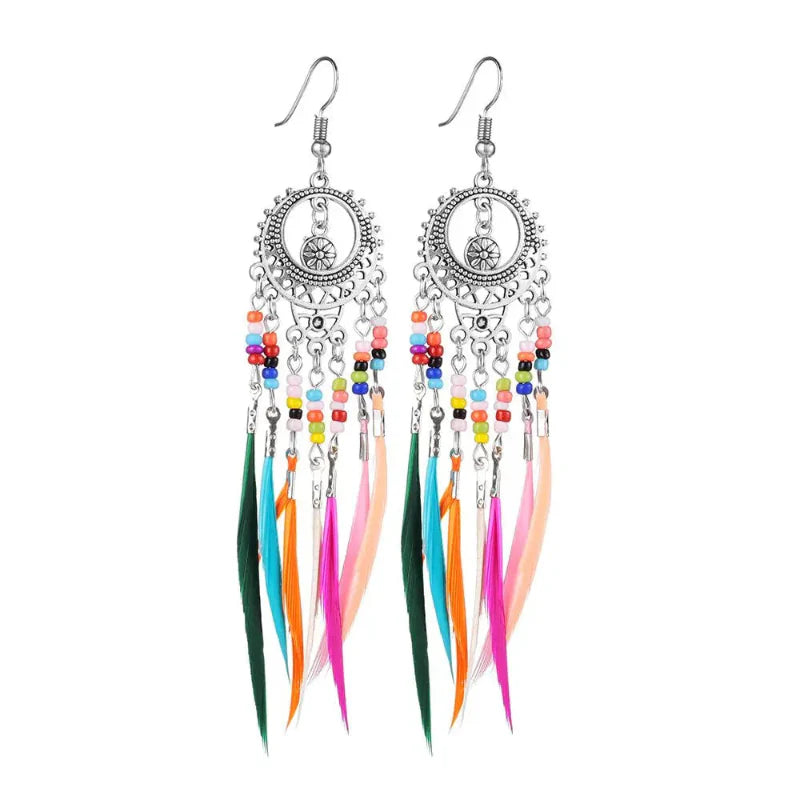Ethnic Dangling Earrings with Colorful Feathers for Women in silver