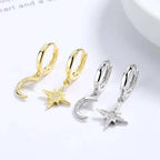 Star and Moon Zircon Drop Earrings in silver