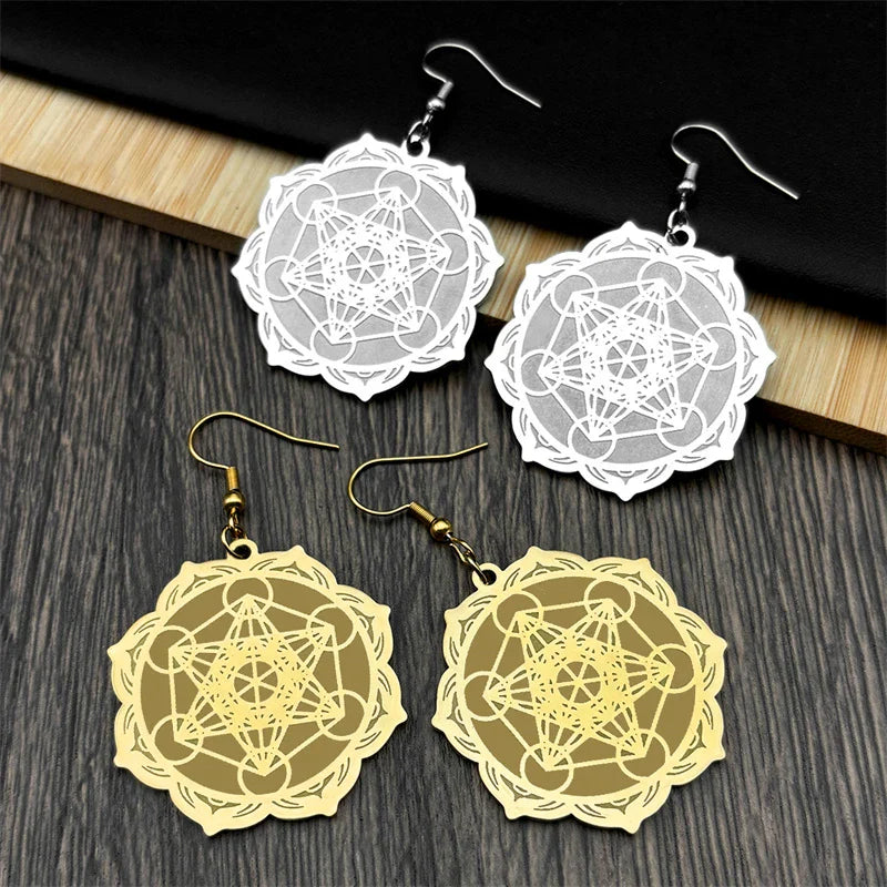 Women's Dangle Earrings Metatron's Cube Gold
