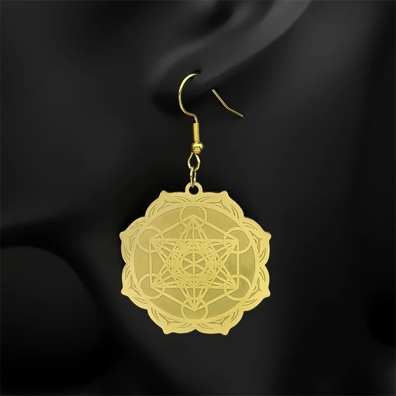 Women's Dangle Earrings Metatron's Cube Gold