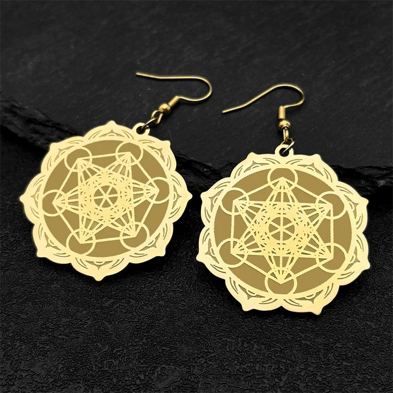 Women's Dangle Earrings Metatron's Cube Gold