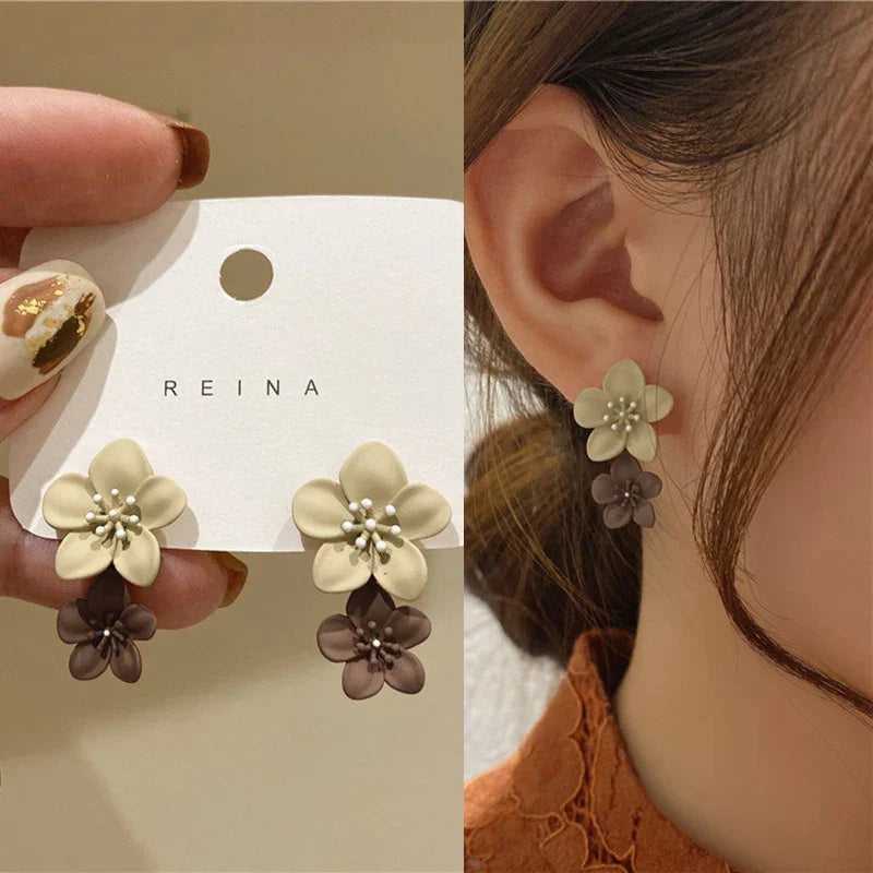 Beige and Brown Floral Drop Earrings