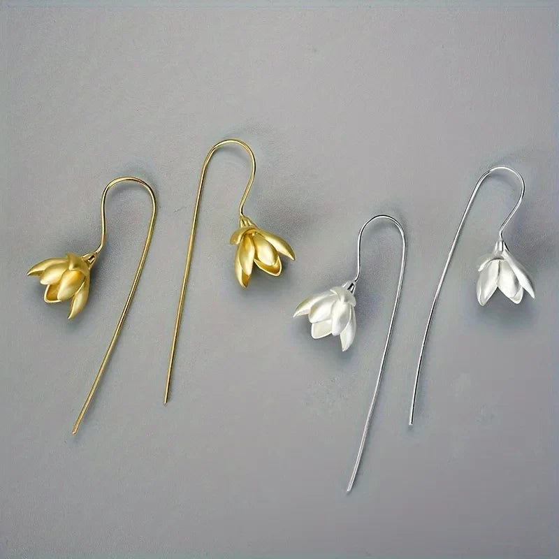 Magnolia Flower Dangle Earrings silver