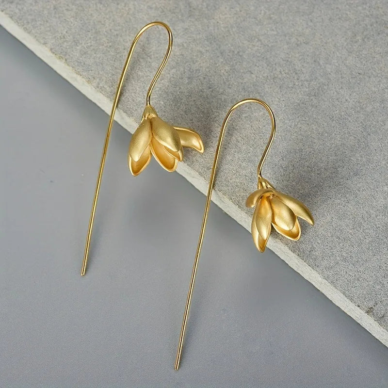 Magnolia Flower Dangle Earrings gold