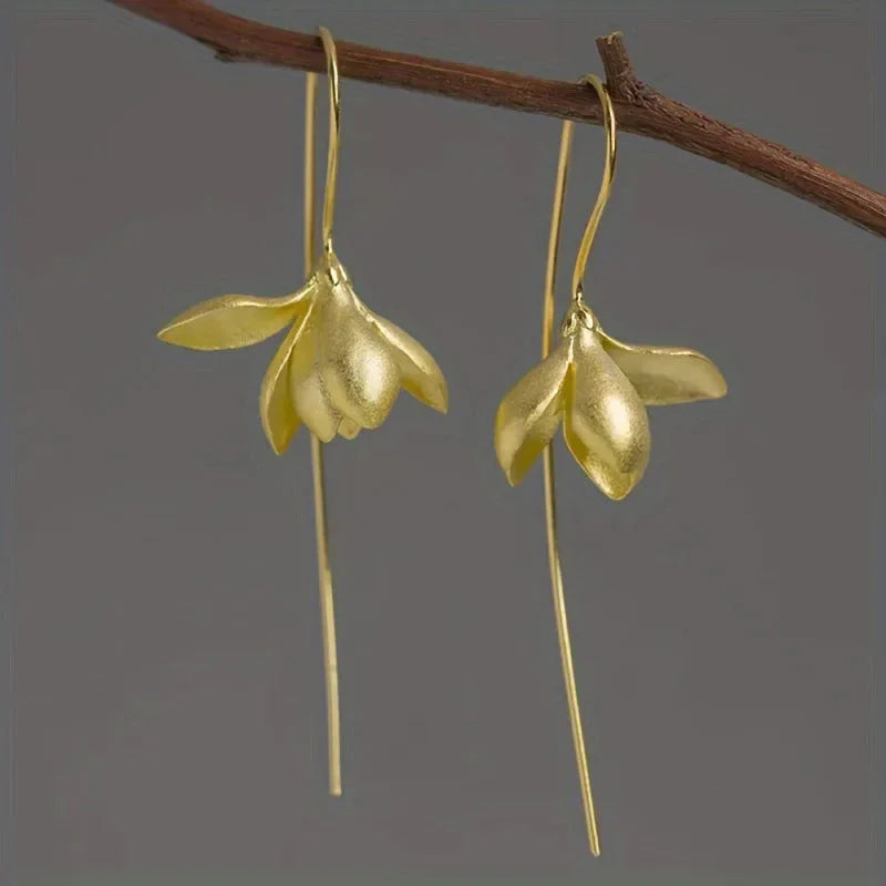 Magnolia Flower Dangle Earrings gold
