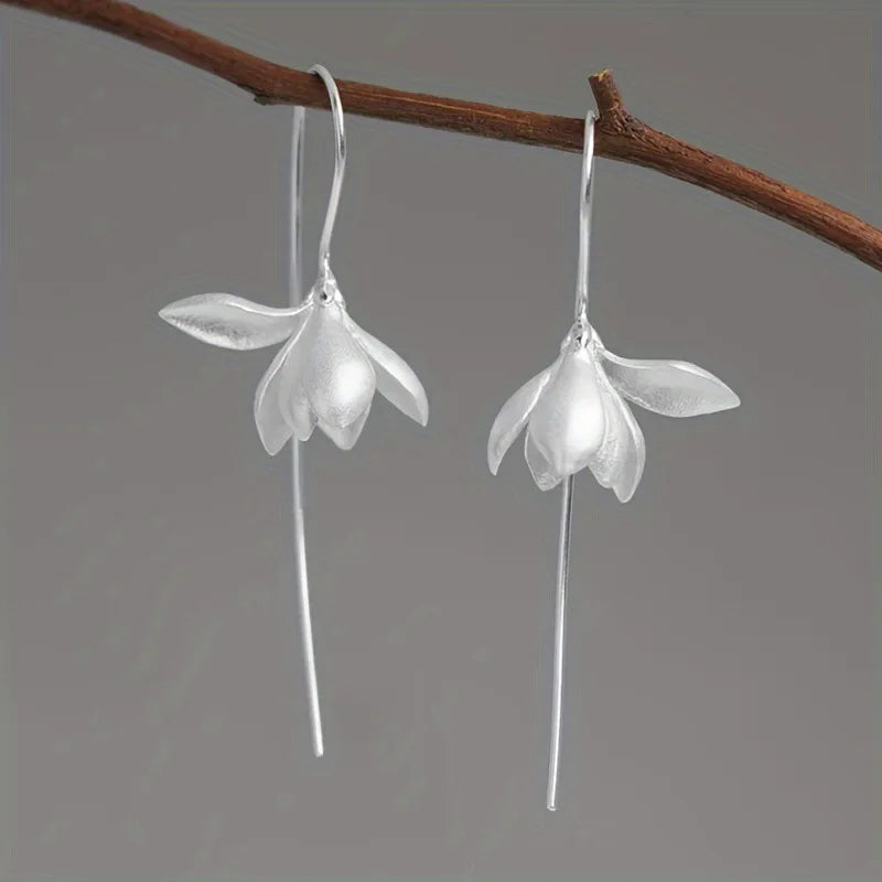 Magnolia Flower Dangle Earrings silver