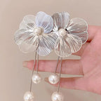 Flower and Pearl Drop Earrings silver