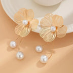 Flower and Pearl Drop Earrings gold