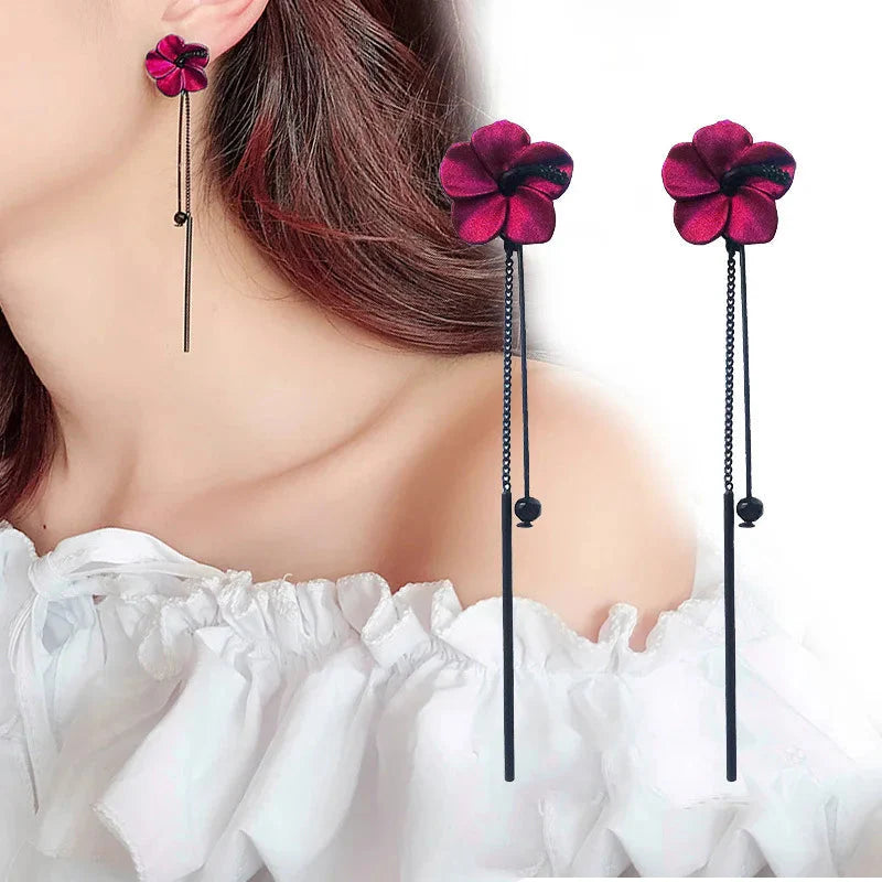 Red Flower Drop Earrings and Red Chain