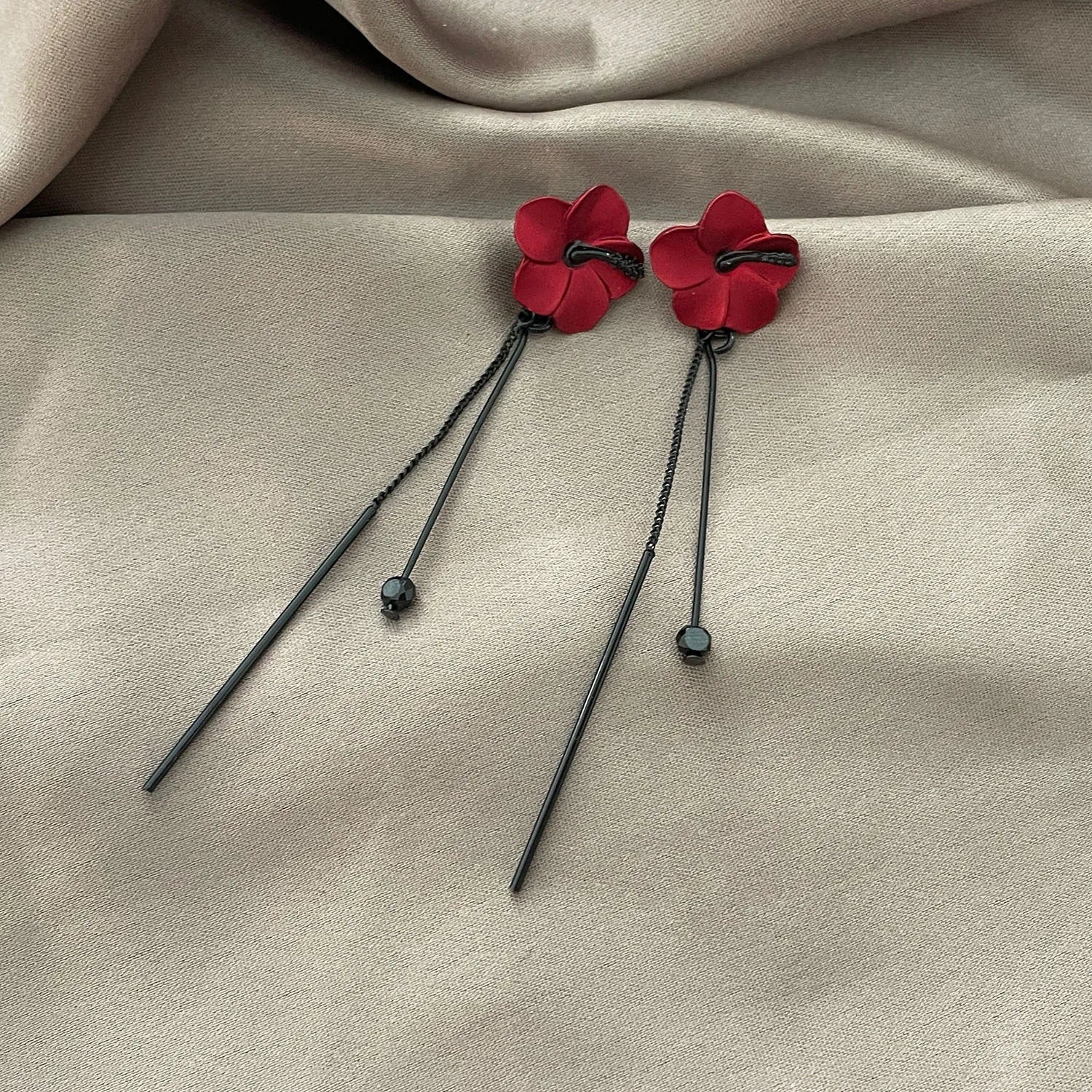 Red Flower Drop Earrings and Red Chain