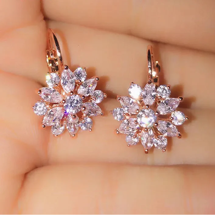 Flower Zircon Drop Earrings rose gold