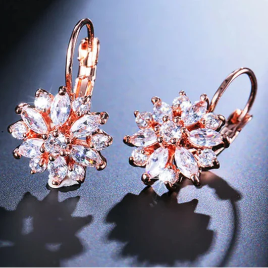 Flower Zircon Drop Earrings rose gold