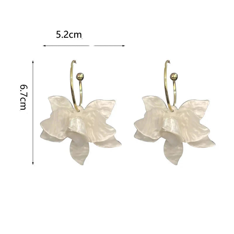 Large White Flower Dangle Hoop Earrings