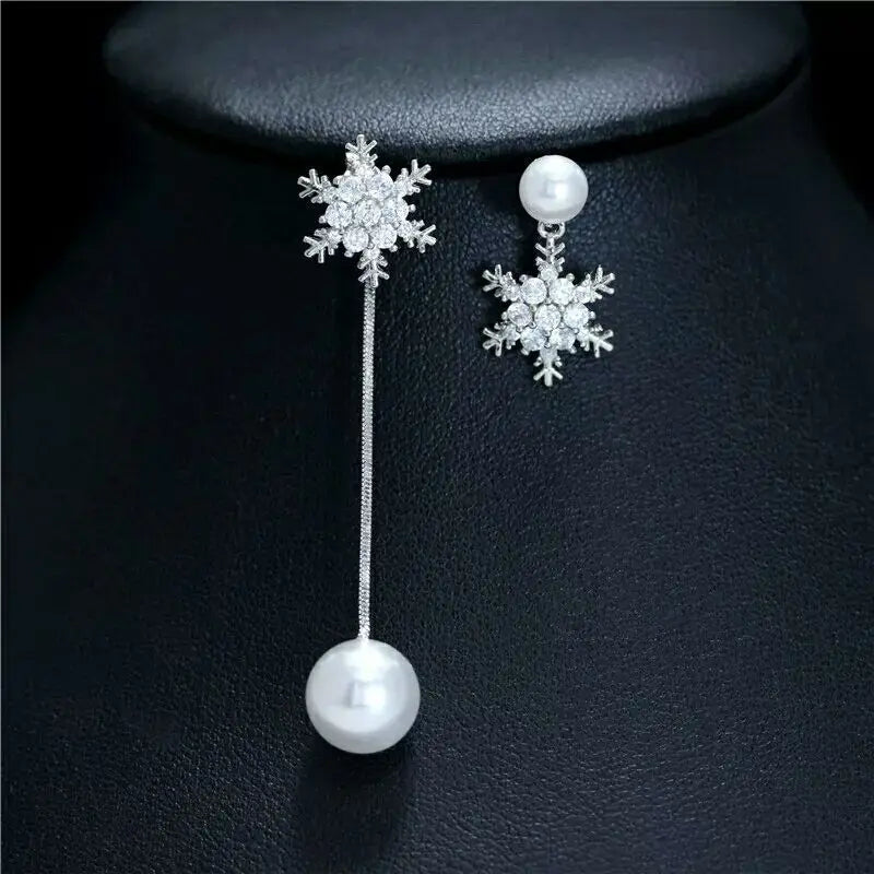 Silver Snowflake Drop Earrings for Women
