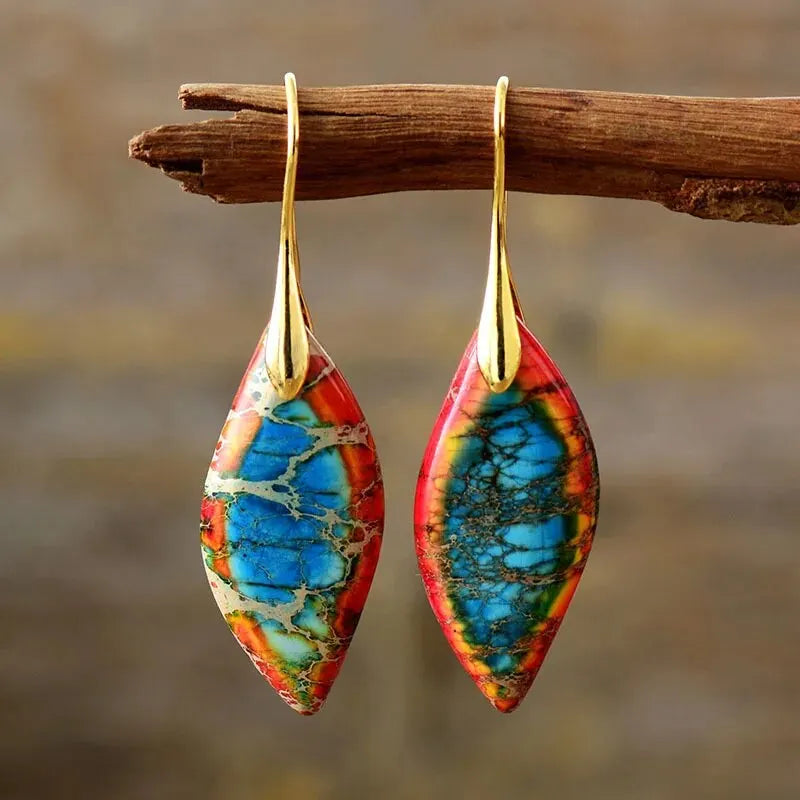 Colorful Water Drop Dangle Earrings gold blue and orange