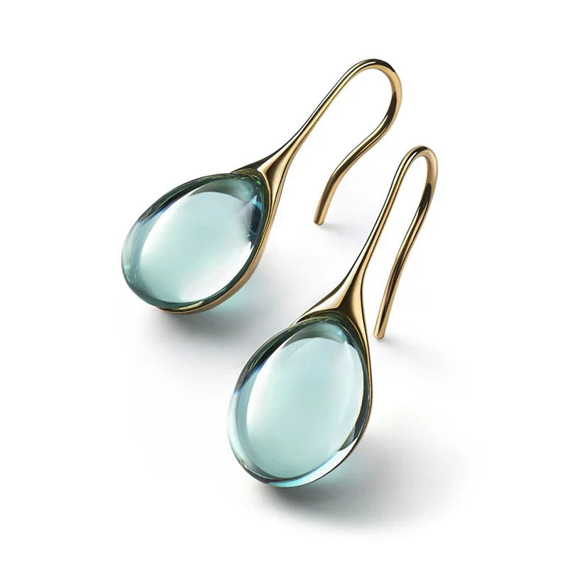 Drop Dangle Earrings in Gold and Light Blue Water Drop Design