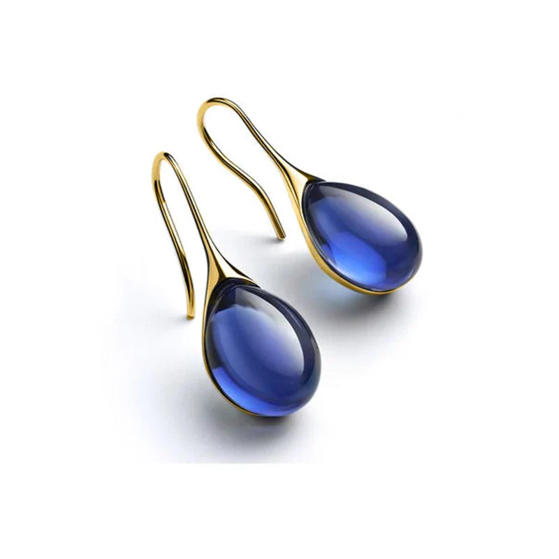 Drop Dangle Earrings in Gold and Midnight Blue Water Drop Design