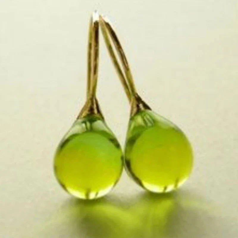 Drop Dangle Earrings in Gold and Green Water Drop Design