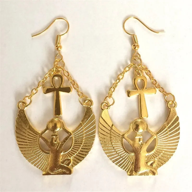 Isis and Ankh Cross Drop Earrings