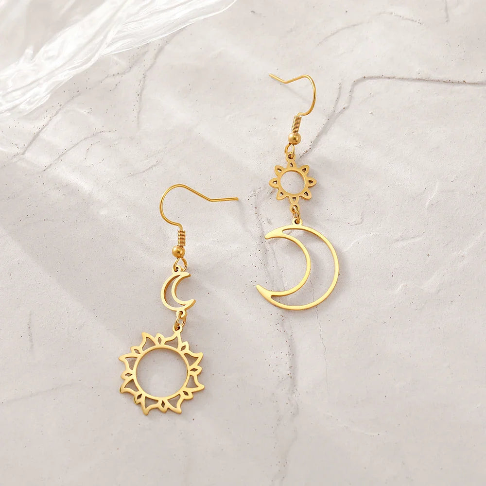 Moon and Sun Dangle Earrings Gold