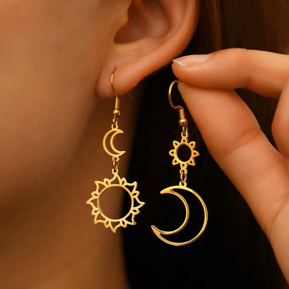 Moon and Sun Dangle Earrings Gold