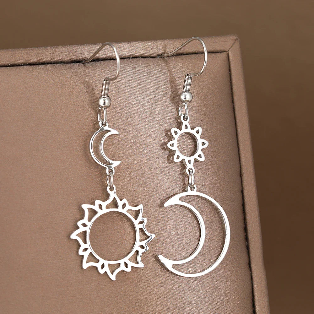 Moon and Sun Dangle Earrings Silver