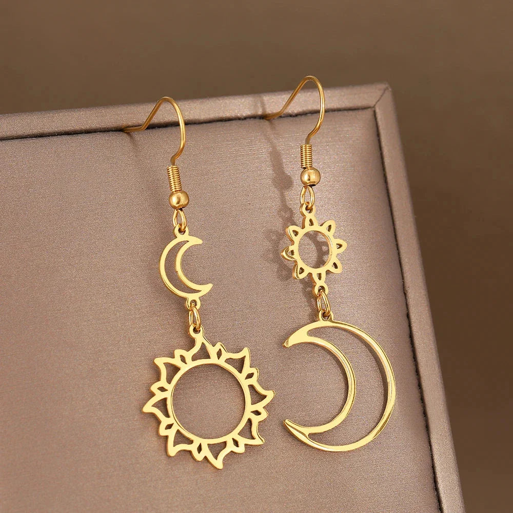 Moon and Sun Dangle Earrings Gold