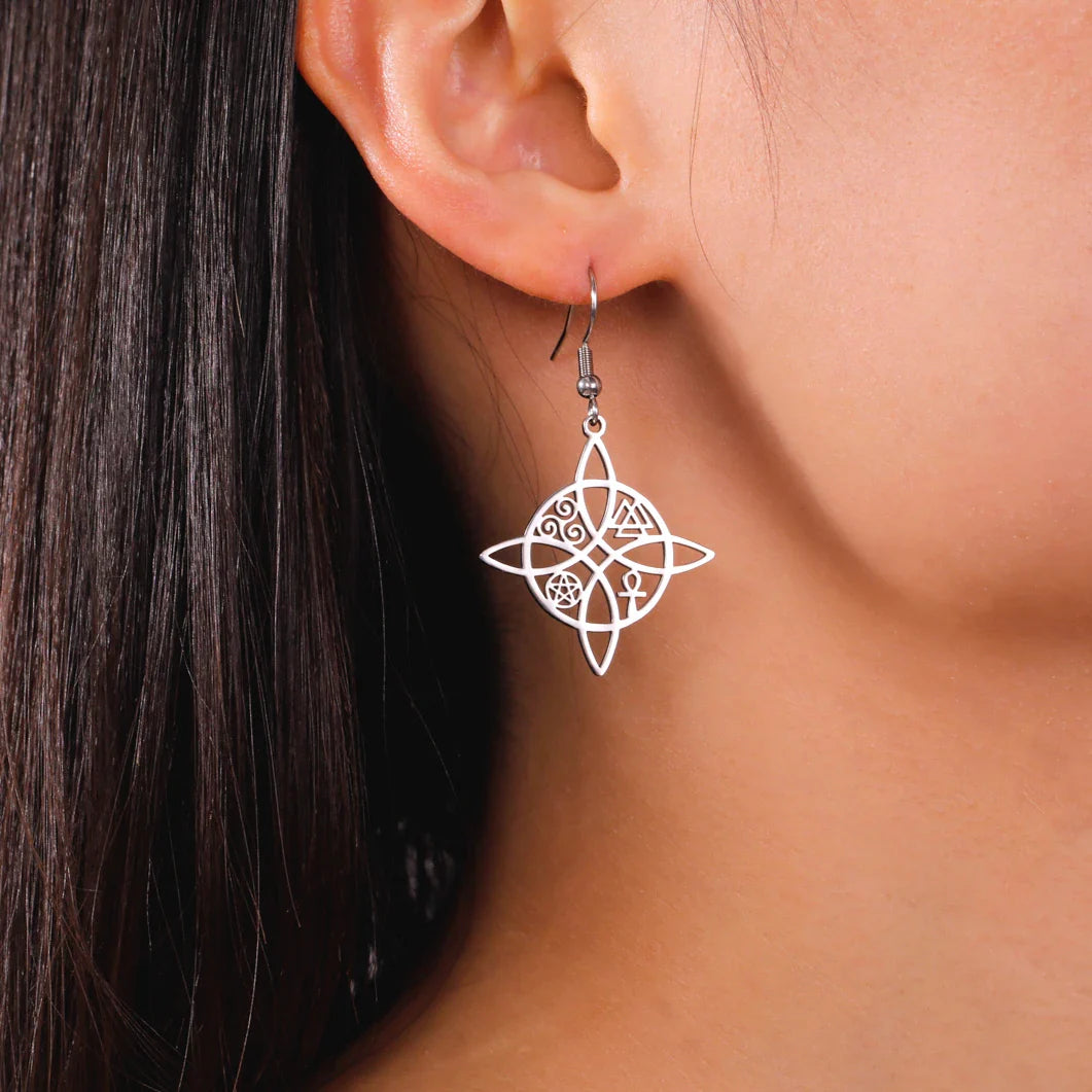 Wiccan Women's Protective Witch's Knot Dangle Earrings Silver