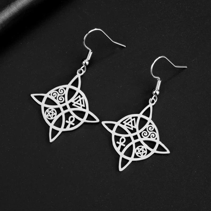 Wiccan Women's Protective Witch's Knot Dangle Earrings Silver
